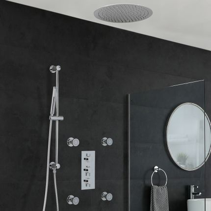 Milano Mirage - Chrome Thermostatic Shower with Diverter, Recessed Shower Head, Hand Shower, Riser Rail and Body Jets (3 Outlet)