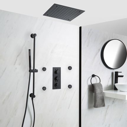 Milano Nero - Black Thermostatic Shower with Recessed Shower Head, Body Jets and Riser Rail with Hand Shower (3 Outlet)
