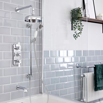 Milano Elizabeth - Chrome and White Traditional Thermostatic Shower with Diverter, Shower Head, Bath Spout and Riser Rail (3 Outlet)