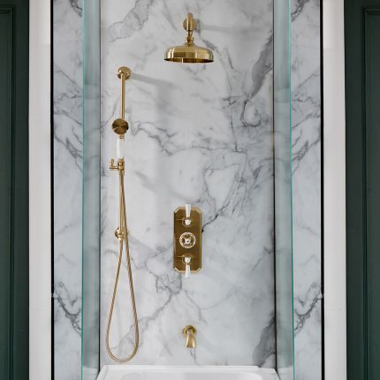 Milano Elizabeth - Brushed Brass Traditional Thermostatic Shower with Diverter, Shower Head, Bath Spout and Riser Rail (3 Outlet)