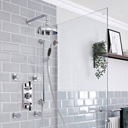 Milano Elizabeth - Chrome and Black Traditional Thermostatic Shower with Diverter, Shower Head, Body Jets and Riser Rail (3 Outlet)