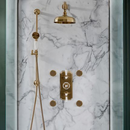 Milano Elizabeth - Brushed Brass Traditional Thermostatic Shower with Diverter, Shower Head, Body Jets and Riser Rail (3 Outlet)