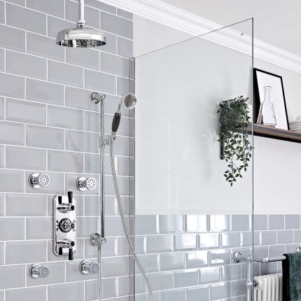 Milano Elizabeth - Chrome and Black Traditional Thermostatic Shower with Diverter, Ceiling Mounted Shower Head, Riser Rail and Body Jets (3 Outlet)