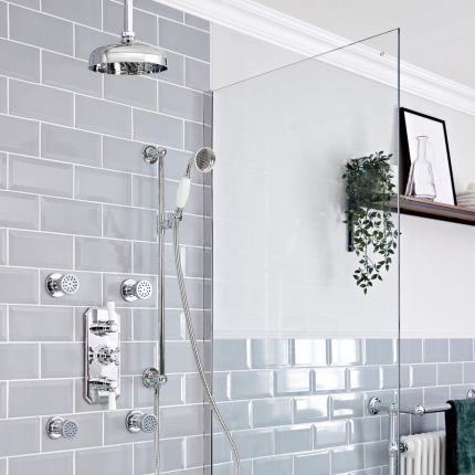Milano Elizabeth - Chrome and White Traditional Thermostatic Shower with Diverter, Ceiling Mounted Shower Head, Riser Rail and Body Jets (3 Outlet)