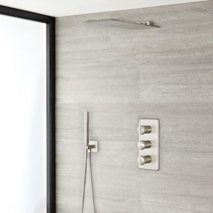 Milano Ashurst - Brushed Nickel Thermostatic Shower with Diverter, Waterblade Shower Head and Hand Shower (3 Outlet)