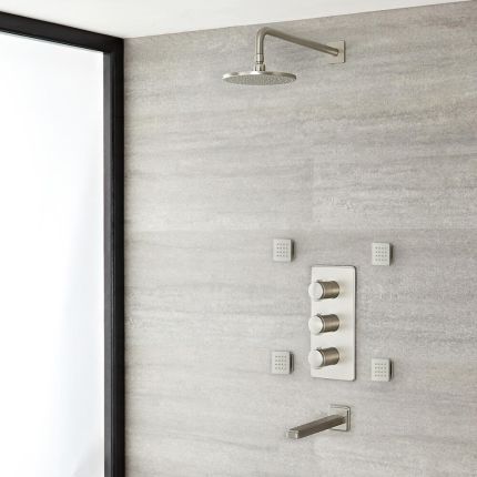 Milano Ashurst - Triple Diverter Thermostatic Shower Valve, 188mm Round Head, Spout and Body Jets - Brushed Nickel