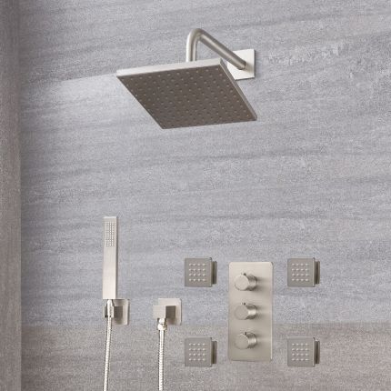 Milano Hunston - Brushed Nickel Thermostatic Shower with Diverter, Shower Head, Hand Shower and Body Jets (3 Outlet)