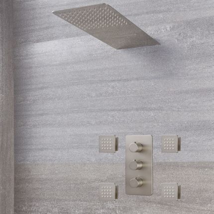 Milano Hunston - Brushed Nickel Thermostatic Shower with Diverter, Waterblade Shower Head and Body Jets (3 Outlet)
