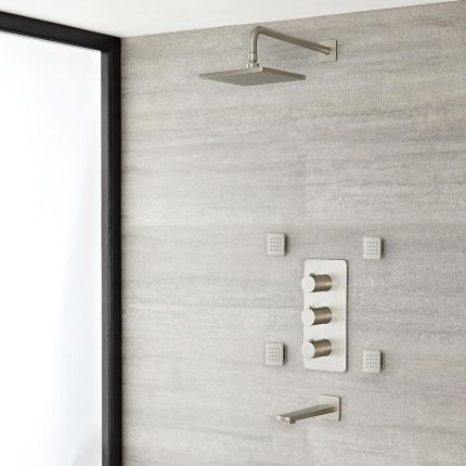 Milano Hunston - Triple Diverter Thermostatic Shower Valve, Square Head, Spout and Body Jets - Brushed Nickel (3 Outlet)