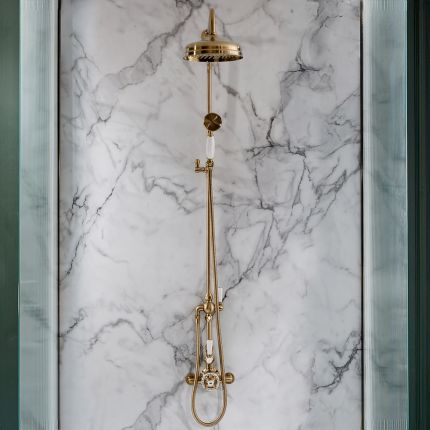Milano Elizabeth - Brushed Brass Traditional Twin Exposed Thermostatic Shower with Grand Rigid Riser Rail (2 Outlet)