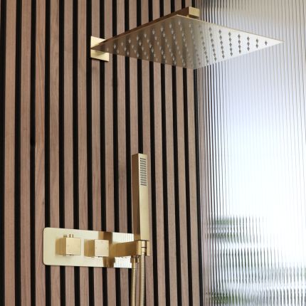 Milano Lyra - Thermostatic Shower with Diverter, 300mm Shower Head and Hand Shower (2 Outlet) - Brushed Brass