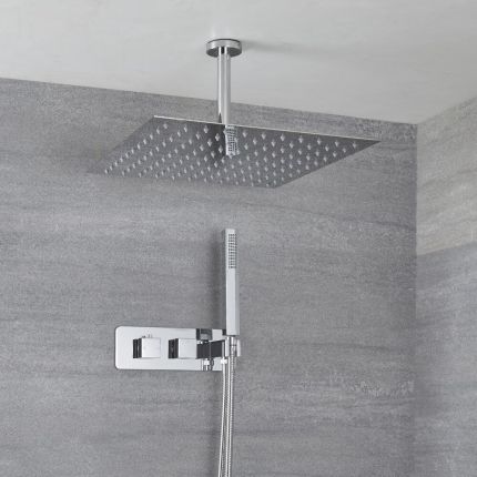 Milano Arvo - Chrome Thermostatic Shower with Diverter, Ceiling Mounted Shower Head and Hand Shower (2 Outlet)