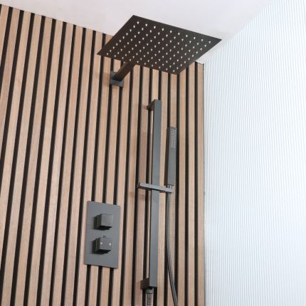 Milano Preto - Twin Diverter Thermostatic Shower Valve with 300mm Shower Head and Riser Rail with Hand Shower (2 Outlet) - Black