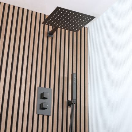 Milano Preto - Twin Diverter Thermostatic Shower Valve with 300mm Shower Head and Hand Shower (2 Outlet) - Black