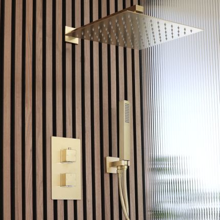 Milano Lyra - Twin Diverter Thermostatic Shower Valve with 300mm Shower Head and Hand Shower (2 Outlet) - Brushed Brass