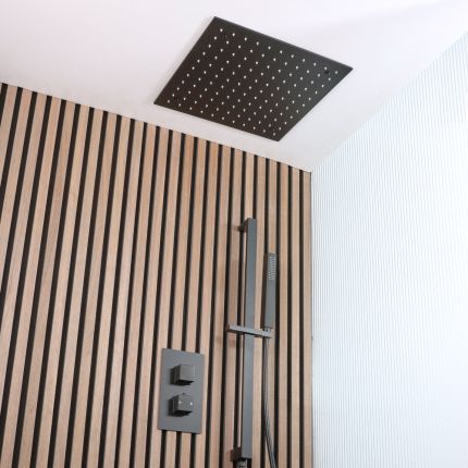 Milano Preto - Twin Diverter Thermostatic Shower Valve with 400mm Recessed Head and Riser Rail with Hand Shower (2 Outlet) - Black