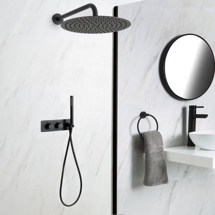 Milano Nero - Black Thermostatic Shower with Diverter, Wall Mounted Shower Head and Hand Shower (2 Outlet)
