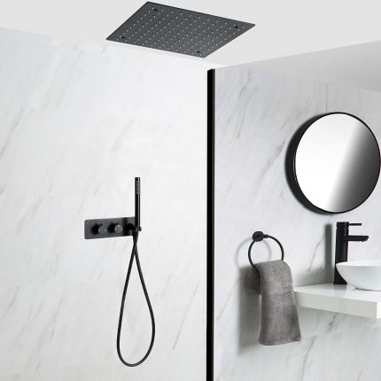 Milano Nero - Black Thermostatic Shower with Diverter Valve, Recessed Ceiling Shower Head and Hand Shower (2 Outlet)