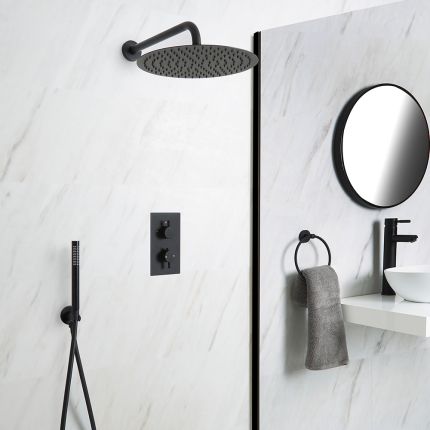 Milano Nero - Black Twin Diverter Concealed Valve with 300mm Round Head and Hand Shower (2 Outlet)