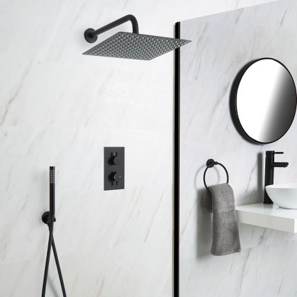 Milano Nero - Black Thermostatic Shower with Diverter, Square Shower Head and Hand Shower (2 Outlet)