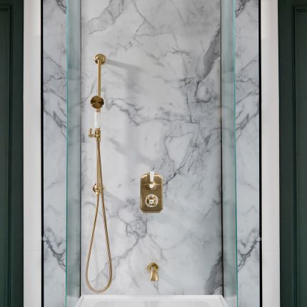 Milano Elizabeth - Brushed Brass Traditional Thermostatic Shower with Diverter, Riser Rail and Bath Spout (2 Outlet)