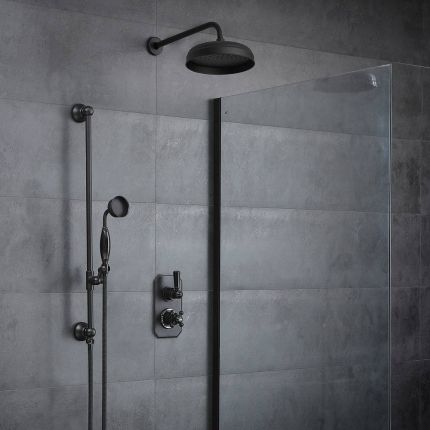 Milano Elizabeth - Black Traditional Thermostatic Shower with Diverter, Shower Head, Hand Shower and Riser Rail (2 Outlet)