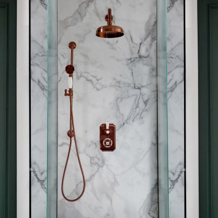 Milano Elizabeth - Brushed Copper Traditional Thermostatic Shower with Diverter, Shower Head, Hand Shower and Riser Rail (2 Outlet)
