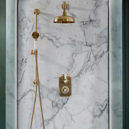 Milano Elizabeth - Brushed Brass Traditional Thermostatic Shower with Diverter, Shower Head, Hand Shower and Riser Rail (2 Outlet)