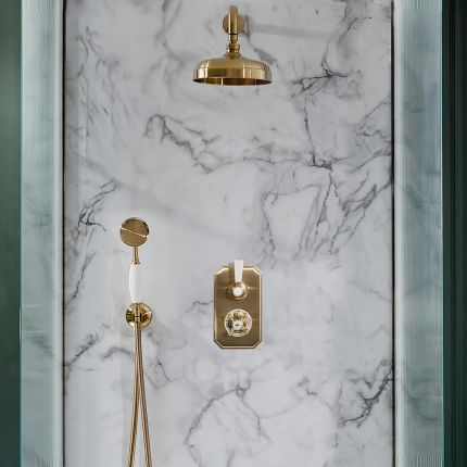 Milano Elizabeth - Brushed Brass Traditional Thermostatic Shower with Diverter, Hand Shower and Shower Head (2 Outlet)