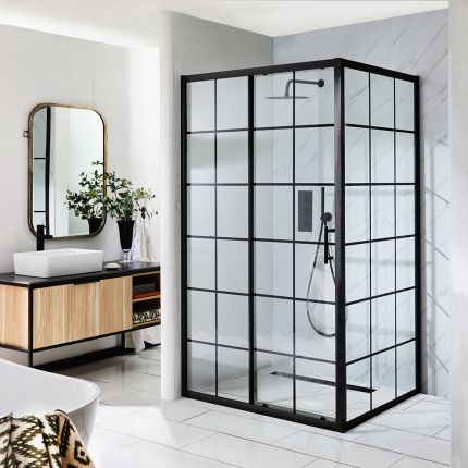 Milano Barq - Black Grid Sliding Shower Door - Choice of Sizes and Side Panel