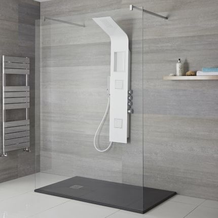 Milano Orton - Modern Exposed Shower Tower Panel with Shelf, Large Shower Head, Hand Shower and Body Jets - White