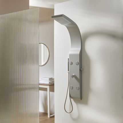 Milano Barton - Modern Shower Tower Panel with Shower Head, Hand Shower and Body Jets - Matt Silver