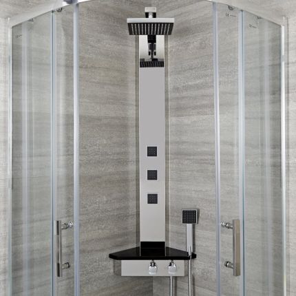 Milano Astley - Modern Corner Thermostatic Shower Tower Panel with Large Shower Head, Hand Shower, Body Jets and Shelf - Chrome and Black