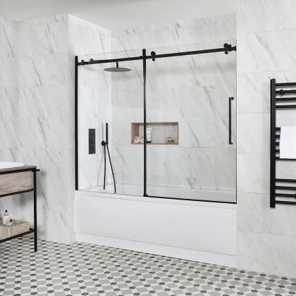 Milano Elswick - Standard Single Ended Bath with Black Sliding Bath Screen and Side Panel - Choice of Sizes