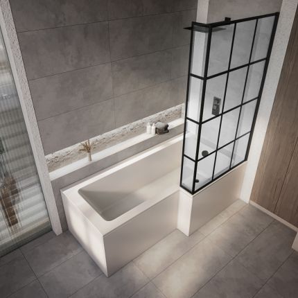 Milano Elswick - Modern L-Shaped Shower Bath with Black Grid Bath Screen - Choice of Size, Panels and Left / Right Hand Options