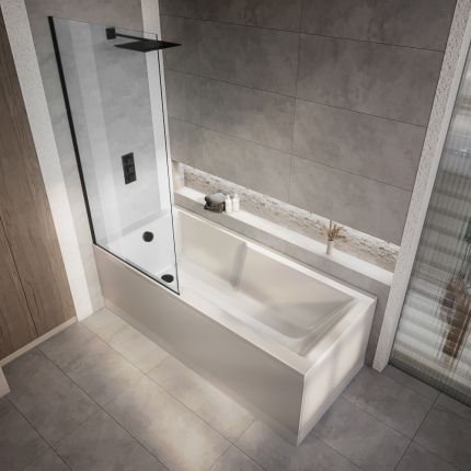 Milano Elswick - 1700mm x 750mm Modern Square Straight Shower Bath with Black Bath Screen - Choice of Panels