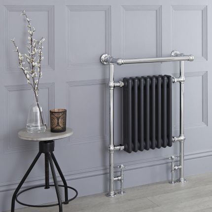 Milano Elizabeth - Anthracite and Chrome Traditional Heated Towel Rail - 930mm x 620mm (With Overhanging Rail)