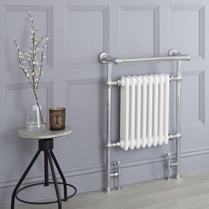 Milano Elizabeth - White and Chrome Traditional Heated Towel Rail - 930mm x 620mm (With Overhanging Rail)