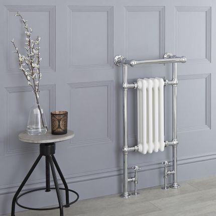Milano Elizabeth - White and Chrome Traditional Heated Towel Rail - 930mm x 452mm (With Overhanging Rail)