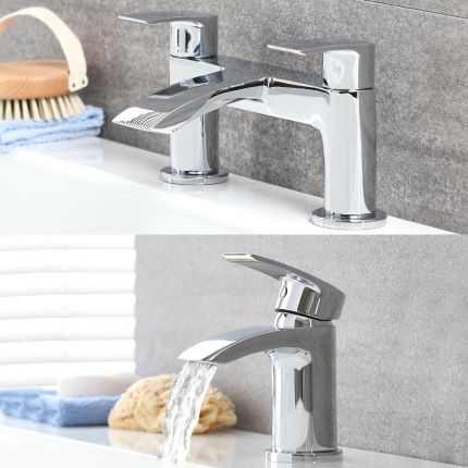 Milano Razor - Modern Basin and Matching Bath Filler Tap Set - Chrome