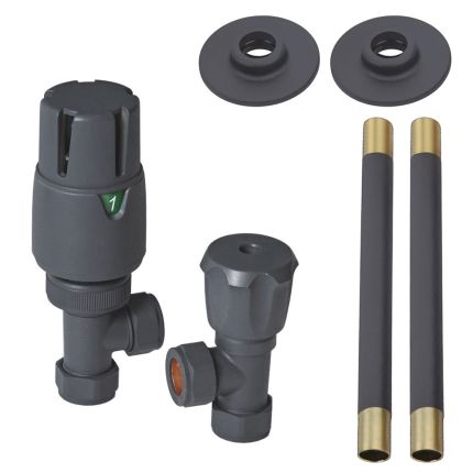 Milano - Modern Anthracite Thermostatic Angled Radiator Valve and Pipe Set
