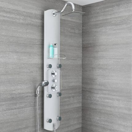 Milano Baya - Modern Exposed Thermostatic Aluminium Shower Tower Panel with Large Shower Head, Hand Shower and Body Jets - Chrome