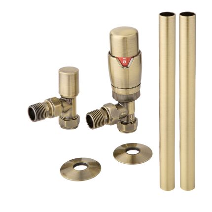 Milano - Modern Thermostatic Angled Radiator Valve and Pipe Set - Brushed Gold