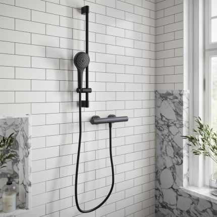 Villeroy & Boch Universal - Round Thermostatic Bar Shower Valve with Riser Rail and Hand Shower (1 Outlet) - Matt Black