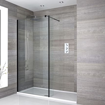 Milano Nero - Walk-In Shower Enclosure with Tray - Choice of Sizes and Hinged Return Panel Option