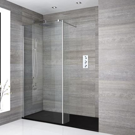 Milano Portland - Chrome Walk-In Shower Enclosure with Slate Tray - Choice of Size and Hinged Return Panel Option