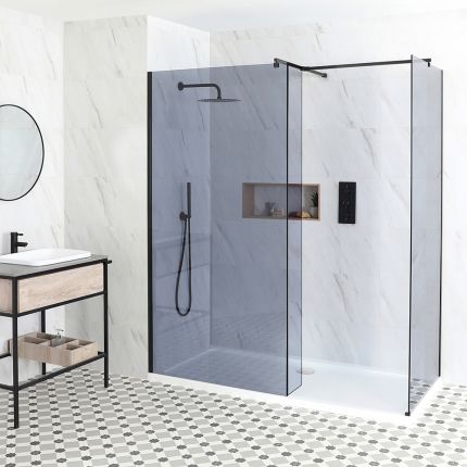 Milano Nero-Luna - Smoked Glass Corner Walk-In Shower Enclosure with Tray - Choice of Sizes and Hinged Return Panel Option