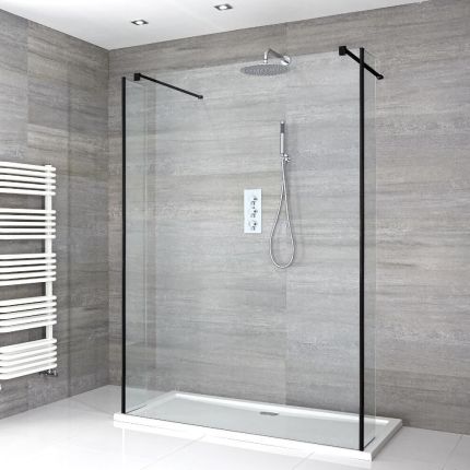 Milano Nero - Open Walk-Through Shower Enclosure with Tray - Choice of Sizes and Hinged Return Panel Option
