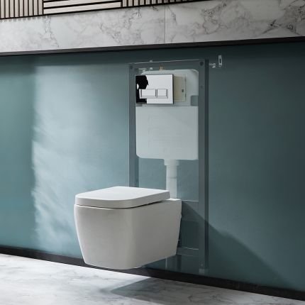 Milano Longton - White Modern Wall Hung Toilet with Tall Wall Frame - Choice of Flush Plate