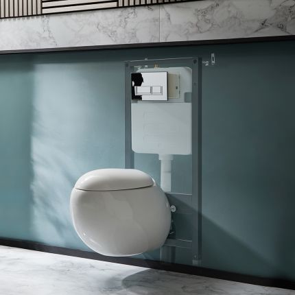 Milano Mellor - White Modern Round Wall Hung Toilet with Tall Wall Frame - Choice of Flush Plate